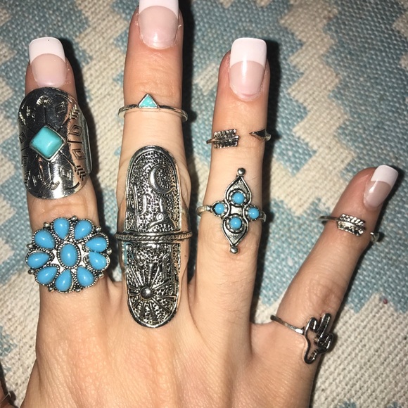 9 Piece Bohemian Turquoise Ring Set - Picture 7 of 8